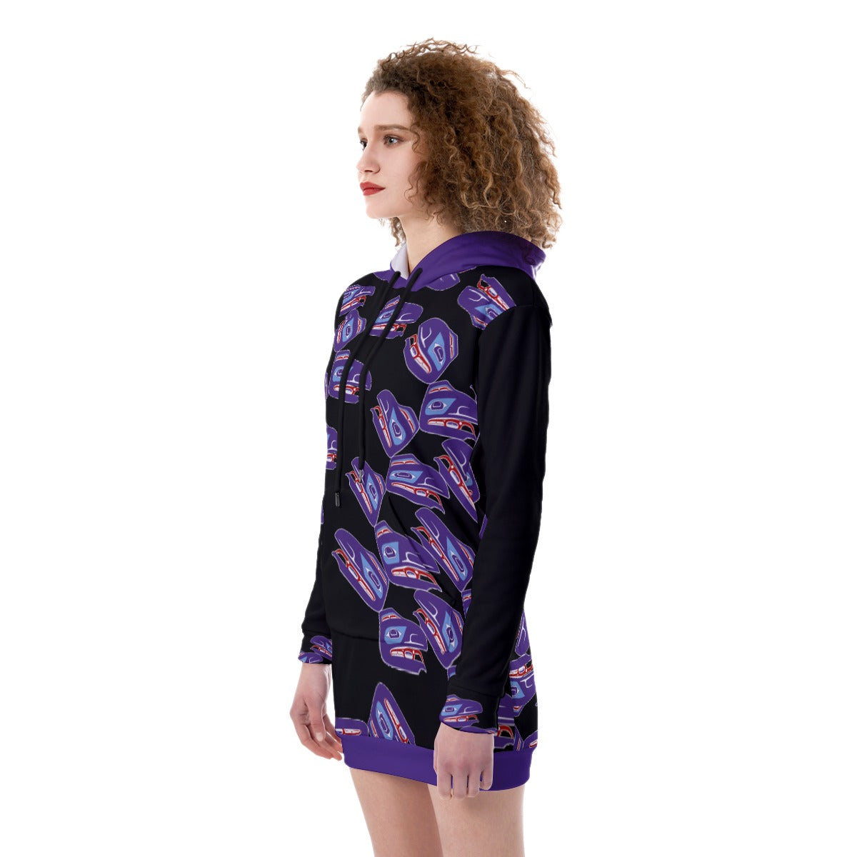 Fleece Long Hoodie - Haida Raven Head (Purple)