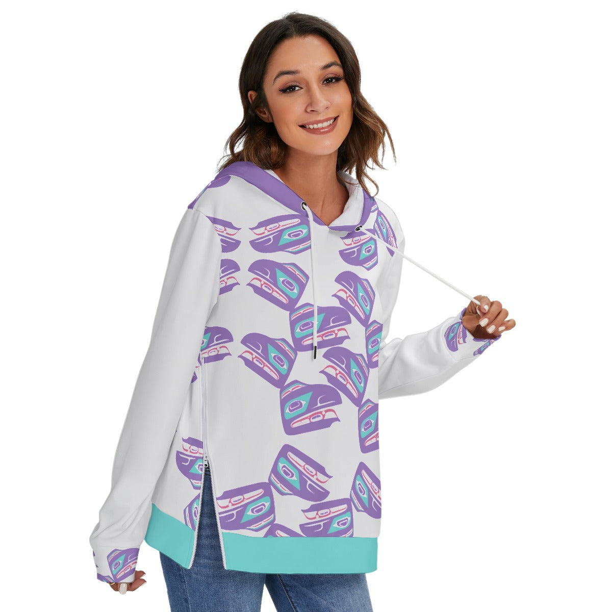 Fleece Zip-on-the-Side Hoodie - Haida Raven Head(PURPLE)