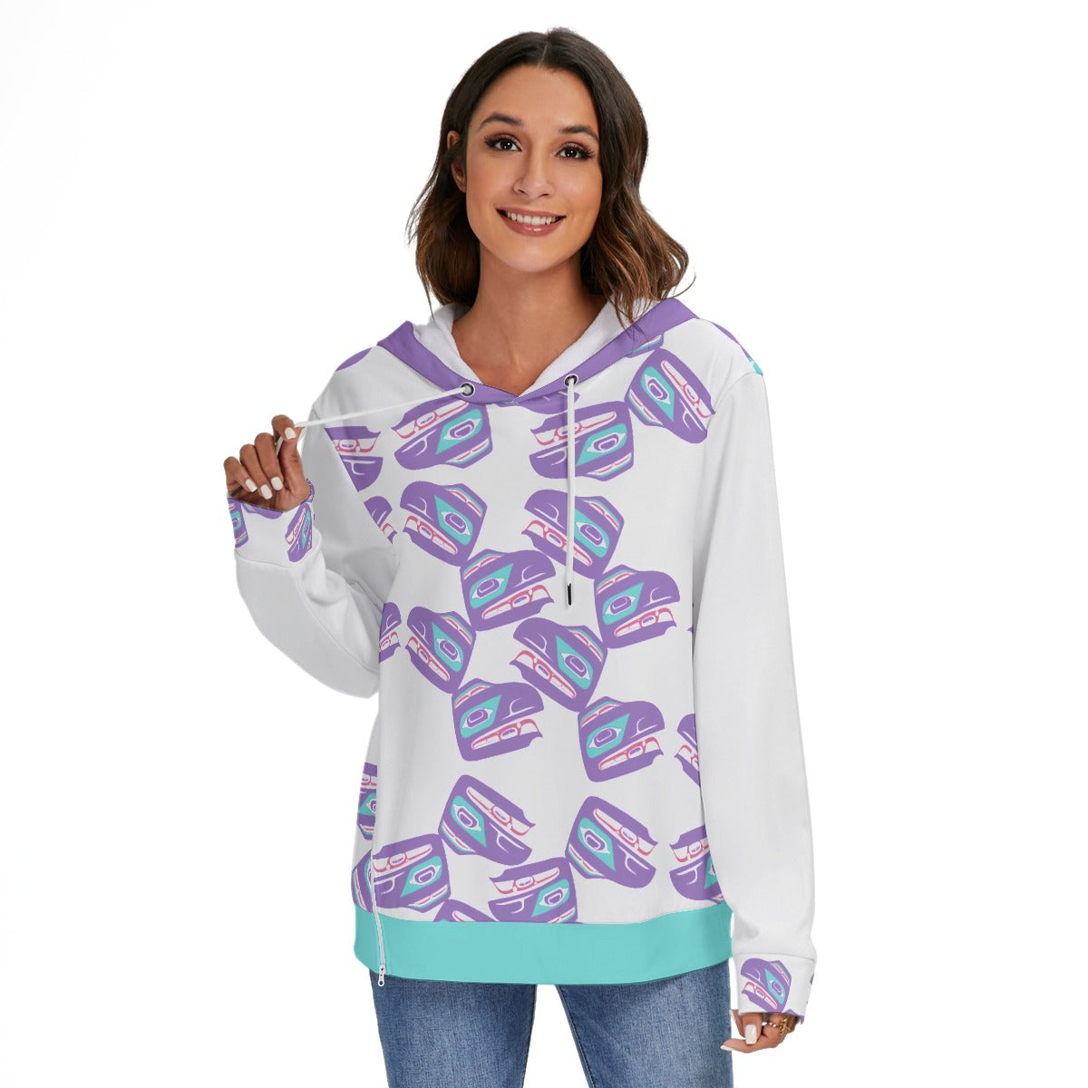 Fleece Zip-on-the-Side Hoodie - Haida Raven Head(PURPLE)