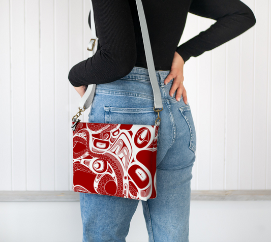 Vegan Leather Crossbody Purse - Haida Octopus (red)